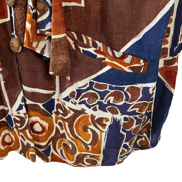 AC Sport Vintage Button Up Blouse Brown Blue Boho 70s Shoulder Pads Rayon Retro - Picture 6 of 7